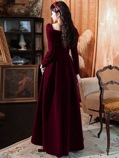 Wine Red Long Sleeves Velvet Wedding Party Dress, A-line Long Prom Dress Evening Dress