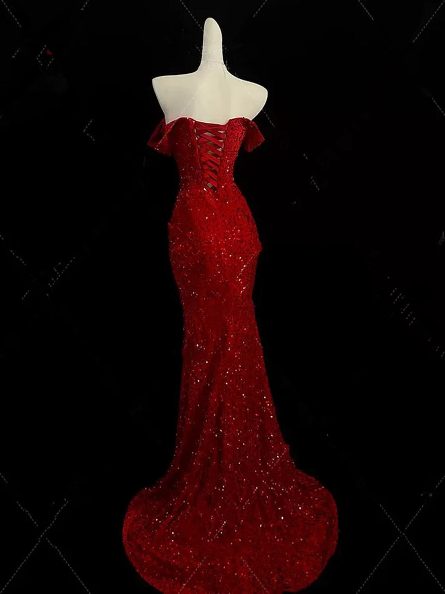 Wine Red Velvet Mermaid Off Shoulder Prom Dress, Wine Red Velvet Formal Dress main image 1