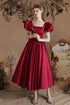 Wine Red Satin Tea Length Short Sleeves Party Dress, Wine Red Satin Homecoming Dress