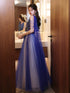 Blue and White V-neckline Floor Length Tulle Party Dress, A-line Long Formal Dress Prom Dress