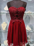 Wine Red Chiffon with Lace Applique Knee Length Party Dress, Wine Red Homecoming Dress