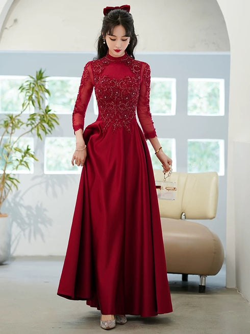 Wine Red Satin A-line Tulle Party Dress with Long Sleeves, Wine Red Satin Prom Dress