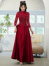 Wine Red Satin A-line Tulle Party Dress with Long Sleeves, Wine Red Satin Prom Dress