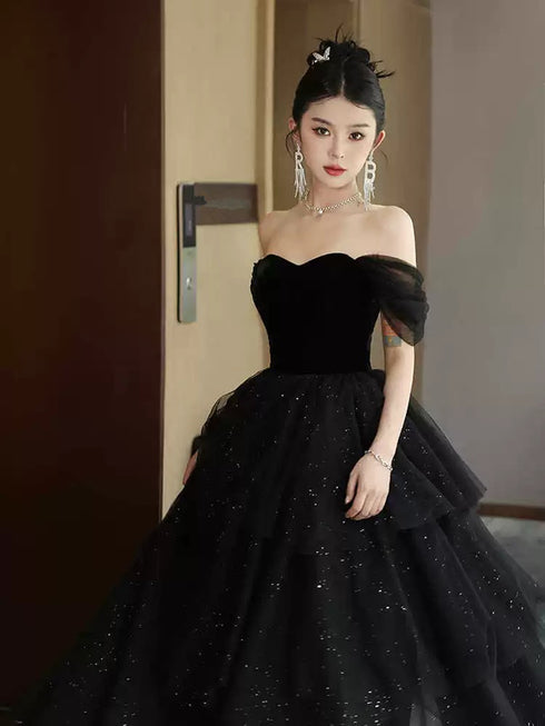 A-line Black Tulle and Velvet Layers Long Party Dress, Off Shoulder Black Prom Dress