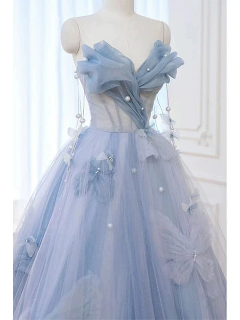 Light Blue Tulle Beaded Sweetheart Long Prom Dress, Light Blue Tulle Evening Dress