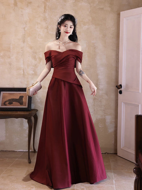 Wine Red A-line Satin Off Shoulder Party Dress, Satin Floor Length Evening Dress