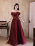 Wine Red A-line Satin Off Shoulder Party Dress, Satin Floor Length Evening Dress