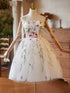 Ivory Tulle Knee Length Scoop Short Party Dress, Ivory Floral Lace Applique Homecoming Dress