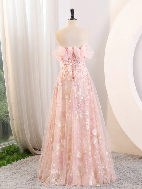 Lovely Pink Tulle and Lace A-line Off Shoulder Party Dress, Pink Tulle Prom Dress