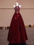 Wine Red Velvet Beaded Halter A-line Evening Dress, Wine Red Velvet Prom Dress