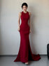 Wine Red Halter Mermaid Spandex Long Evening Dress, Wine Red Long Prom Dress