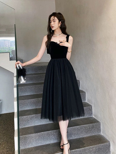 Black Tulle and Velvet Straps Knee Length Homecoming Dress, Black Short Prom Dress
