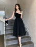 Black Tulle and Velvet Straps Knee Length Homecoming Dress, Black Short Prom Dress