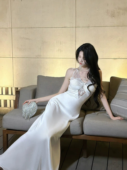 Ivory Soft Satin with Lace Long Evening Dress, Ivory Satin Formal Dress Prom Dress