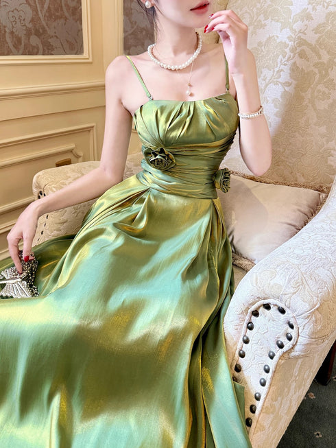 Green Straps A-line Satin Long Party Dress with Leg Slit, Green Satin Scoop Evening Dress