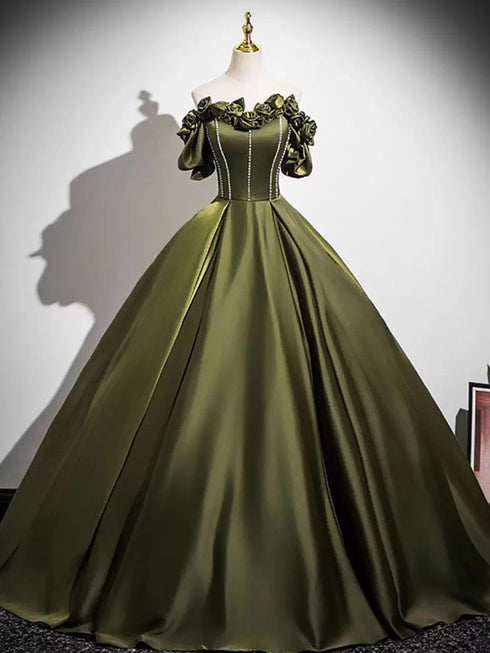 Green Off Shoulder Beaded Floral Floor Length Party Dress, Green Satin Prom Dress Evening Dress