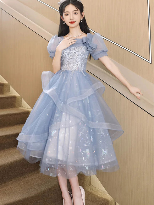 Light Blue Tea Length Short Sleeves Party Dress with Lace, Light Blue Homecoming Dress