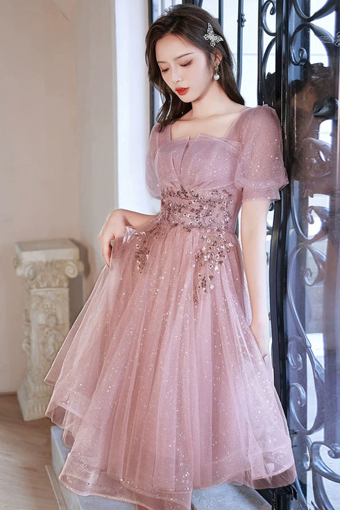 Dark Pink Short Sleeves Tulle with Lace Homecoming Dress, Pink Tulle Short Prom Dress