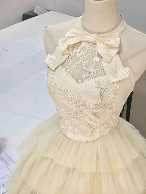 Cute Tulle with Lace Halter Knee Length Homecoming Dress, Cute Tulle Short Party Dress