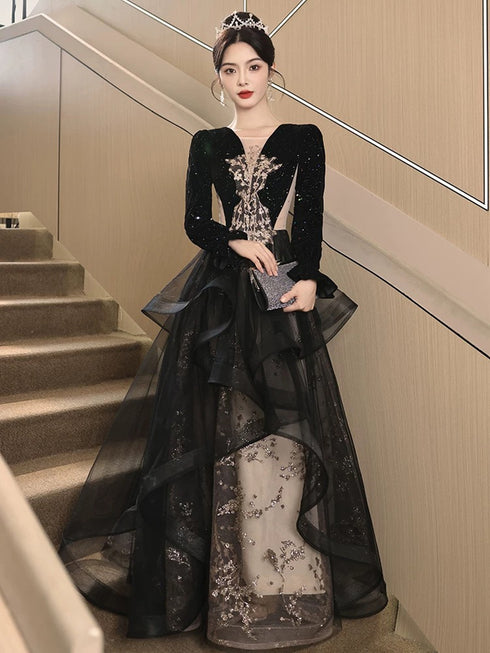 A-line Black Tulle with Lace Applique Party Dress, Black Velvet Long Sleeves Prom Dress