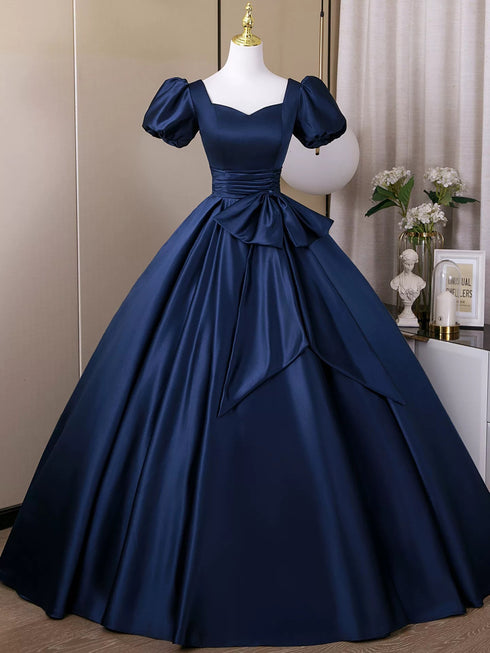 A-line Navy Blue Satin Short Sleeves Sweetheart Party Dress, Navy Blue Satin Prom Dress
