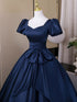 A-line Navy Blue Satin Short Sleeves Sweetheart Party Dress, Navy Blue Satin Prom Dress