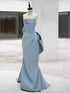 Light Blue Satin Low Back Long Party Dress with Bow, Light Blue Satin Prom Dress