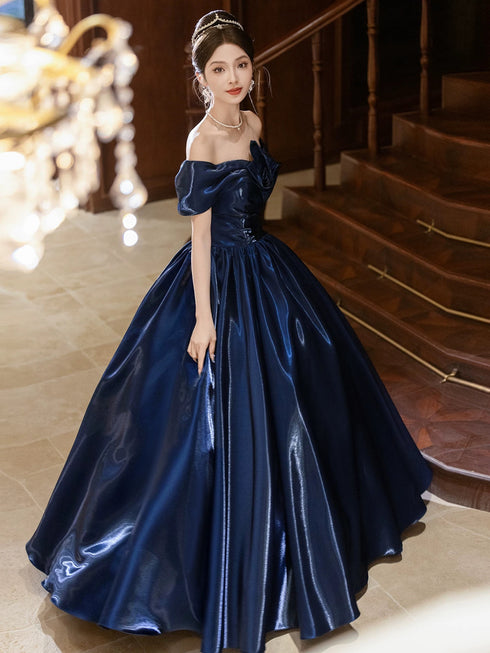 Navy Blue Off Shoulder Satin Floor Length Prom Dress, Navy Blue Sweetheart Evening Dress