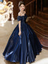 Navy Blue Off Shoulder Satin Floor Length Prom Dress, Navy Blue Sweetheart Evening Dress