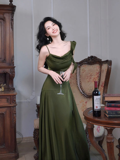 A-line Green Soft Satin Simple Style Prom Dress, Green Floor Length Evening Dress