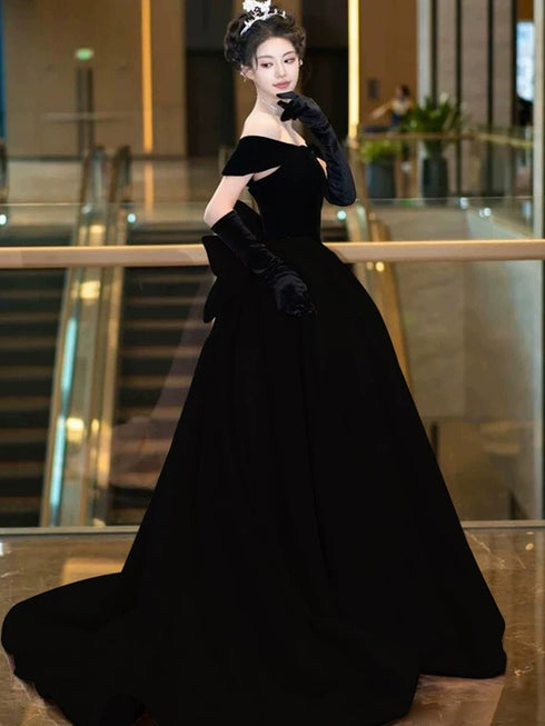 Black Velvet Off Shoulder Low Back Prom Dress with Bow, Black Velvet Evening Dress Party Dress