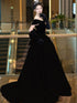Black Velvet Off Shoulder Low Back Prom Dress with Bow, Black Velvet Evening Dress Party Dress