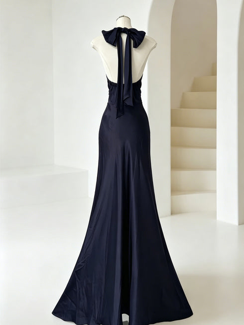 Elegant Navy Blue Satin Halter Maxi Dress, Sexy V-Neck Backless Ruched Prom Dress Evening Dress
