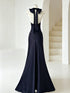 Elegant Navy Blue Satin Halter Maxi Dress, Sexy V-Neck Backless Ruched Prom Dress Evening Dress