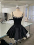Black Satin Beaded Low Back Knee Length Party Dress, Black Satin Short Homecoming Dress