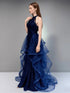A-line Navy Blue Sequins and Tulle Party Dress, Navy Blue Halter Long Prom Dress