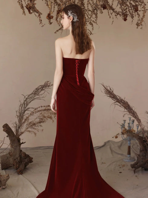 Wine Red Mermaid Velvet Long Party Dress, Wine Red Strapless Long Prom Dress