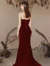 Wine Red Mermaid Velvet Long Party Dress, Wine Red Strapless Long Prom Dress