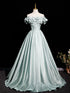 Green Satin Off Shoulder A-line Floor Length Party Dress, Green Satin Off Shoulder Prom Dress