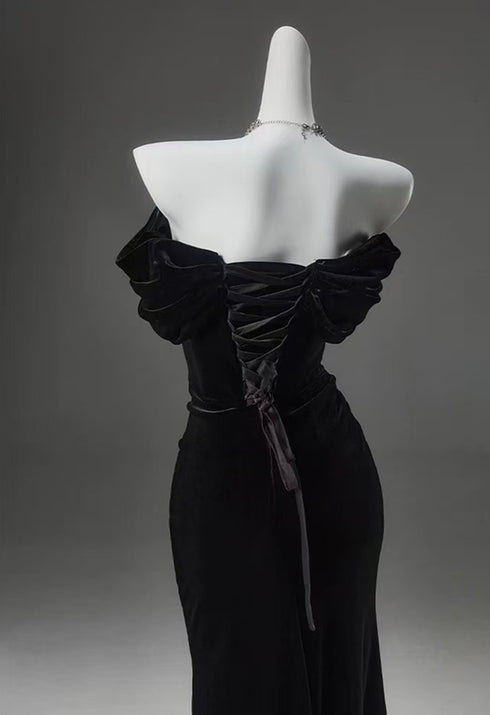 Black Velvet Mermaid Off Shoulder Long Evening Dress, Black Velvet Prom Dress Party Dress