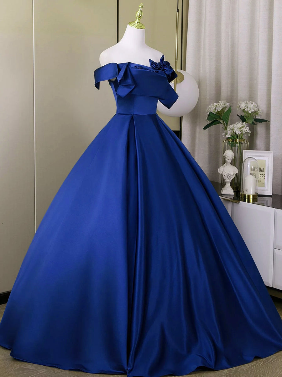 Blue Satin Flowers Long Prom Dress Evening Dress, Blue Satin Off Shoul