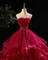Wine Red Tulle A-line Beaded Straps Evening Dress, Wine Red Tulle Long Prom Dress