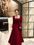 Wine Red Long Sleeves Velvet A-line Formal Dress, Wine Red Velvet Prom Dress Party Dress