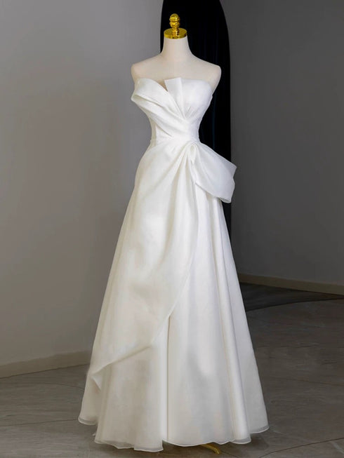 A-Line White Floor Length Organza Satin Formal Dress, White Wedding Party Dress