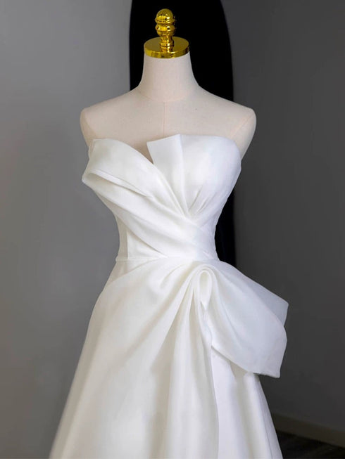A-Line White Floor Length Organza Satin Formal Dress, White Wedding Party Dress