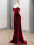 Wine Red Sequins Mermaid Straps Long Formal Gown, Wine Red Sequins Long Prom Dress