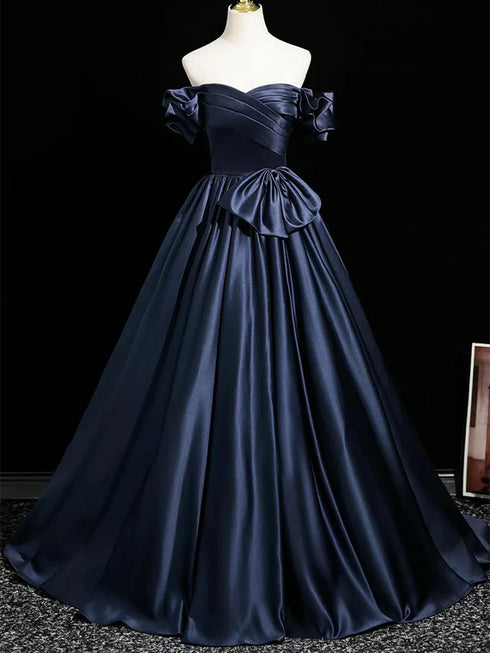 Navy Blue Sweetheart Satin Long Party Dress, Off Shoulder A-line Blue Long Formal Dress