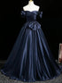 Navy Blue Sweetheart Satin Long Party Dress, Off Shoulder A-line Blue Long Formal Dress