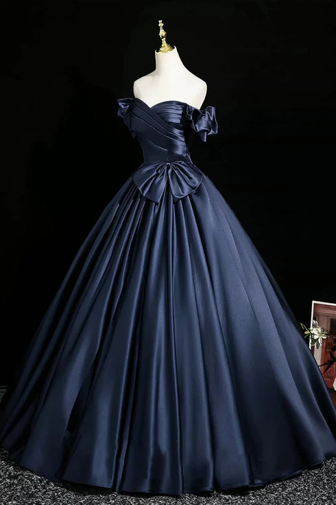 Navy Blue Sweetheart Satin Long Party Dress, Off Shoulder A-line Blue Long Formal Dress