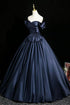 Navy Blue Sweetheart Satin Long Party Dress, Off Shoulder A-line Blue Long Formal Dress